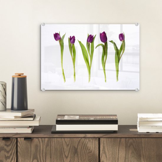 MuchoWow® Peinture sur Verre - Cinq Tulipes dans une Rangée - 30x20 cm - Peintures sur Verre Acrylique - Photo sur Glas