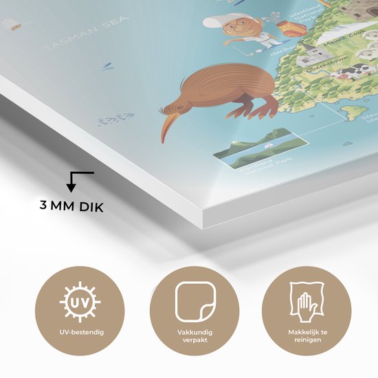 la carte de la Nouvelle-Zélande en plexiglas style cartoon 30x40 cm - Tirage photo sur Glas (Décoration murale en plexiglas) / Mer et Plage