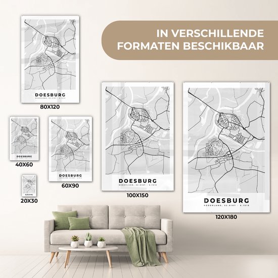 Peinture sur verre MuchoWow® 60x90 cm - Peinture acrylique sur verre - Doesburg - Nederland - Carte - Plan de ville - Zwart et Wit - Photo sur verre - Peintures