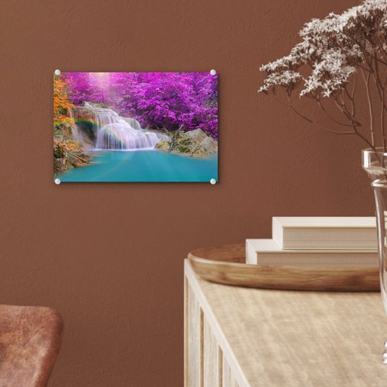 MuchoWow® Peinture sur verre 30x20 cm - Peinture sur verre acrylique - Cascade - Arbres - Arc-en-ciel - Violet - Photo sur verre - Peintures