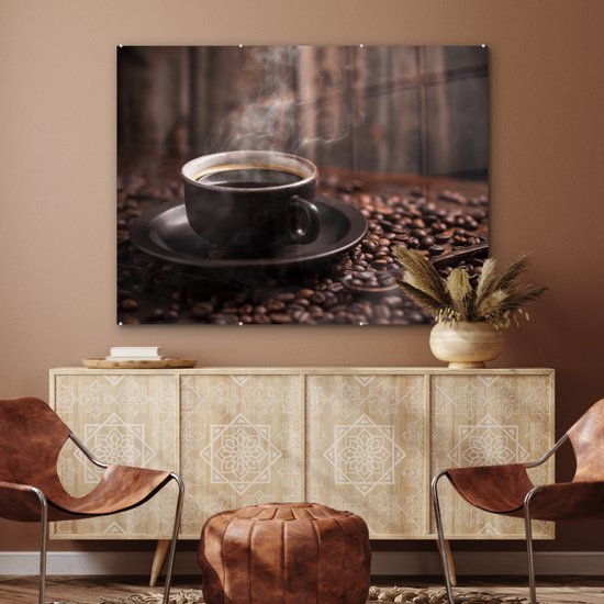 MuchoWow® Peinture sur verre 120x90 cm - Peinture sur verre acrylique - Café - Chaud - Grains de café - Photo sur verre - Peintures