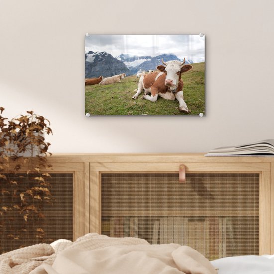 MuchoWow® Peinture sur verre 30x20 cm - Peinture acrylique sur verre - Vaches - Prairie - Alpes - Photo sur verre - Peintures