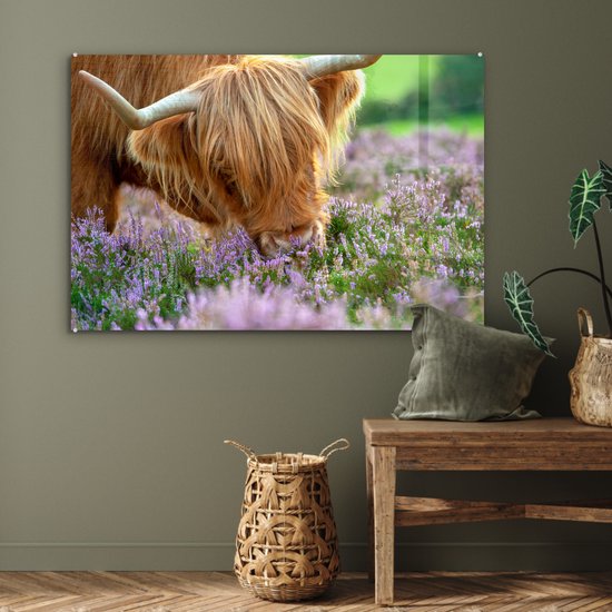 MuchoWow® Peinture sur verre 120x80 cm - Peinture sur verre acrylique - Highlander écossais - Herbe - Bruyère - Animaux - Photo sur verre - Peintures