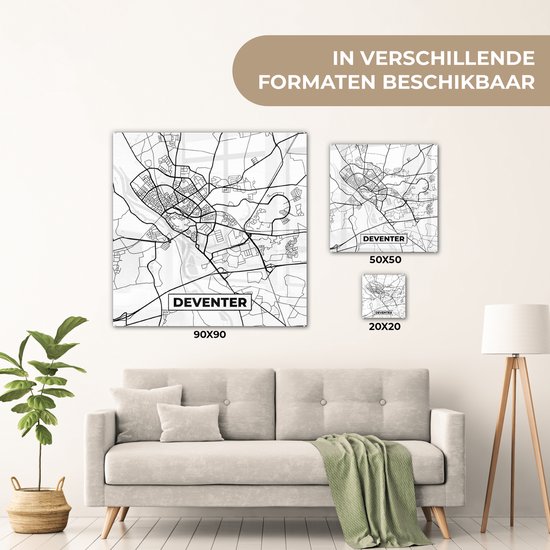 MuchoWow® Peinture sur Verre - Carte - Deventer - Zwart - Wit - 20x20 cm - Peintures sur Verre Acrylique - Photo sur Glas