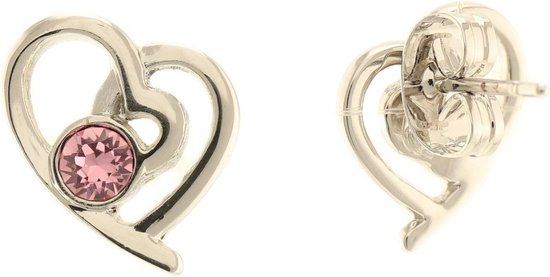 Behave Boucle d'oreille femme clou coeur argenté pierre rose 1 cm