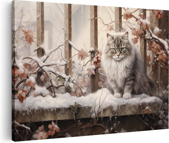 Artaza Canvas Schilderij Kat met Groene Ogen in de Winter - 30x20 - Klein - Foto Op Canvas - Canvas Print