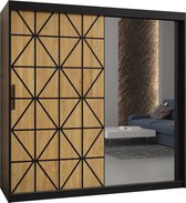 Zweefdeurkast met spiegel Kledingkast met 2 schuifdeuren Garderobekast slaapkamerkast Kledingstang met planken (LxHxP): 180x200x60 cm - Kaso II (Zwart en geometrische patronen, 180)