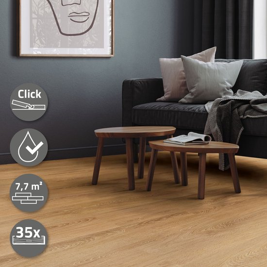 ML-Design Deluxe PVC vloer, Click Vinyl planken, vinyl vloerbedekking, 122 cm x 18 cm x 4,2 mm, dikte 4,2 mm, 7,7m²/35 planken, zandkleur eiken, bruin, antislip, waterbestendig, eenvoudige installatie