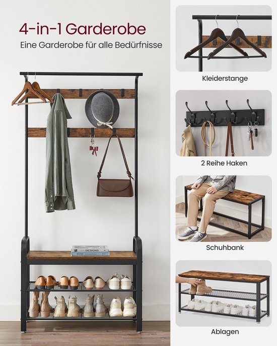 Treeisland Kapstok Met Schoenenbank - Zwart Metaal - 100 X 33 X 170 Cm Met Haken En 2-Laags Schoenenrek