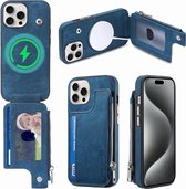 sulada schokbestendige backcase met magnetische ring lederlook, rfid-kaarthouder en portemonnee de geschikt voor Apple iphone 15 pro blauw