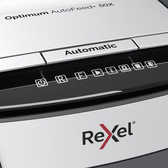 Rexel Optimum AutoFeed+ 50X Fluisterstille Papierversnipperaar P-4 Snippers voor Thuiskantoor/Thuiswerkplek - Invoer tot 50 Vellen - Zwart - Rexel