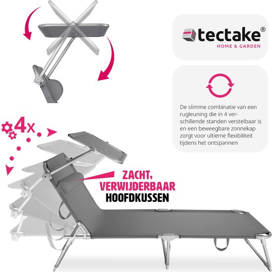 tectake® - ligstoel, robuust, verstelbaar, stalen onderstel met zonnescherm, 4-standen rugleuning inclusief hoofdkussen, strandstoel Ideaal voor tuin, zwembad, camping - grijs - Merkloos