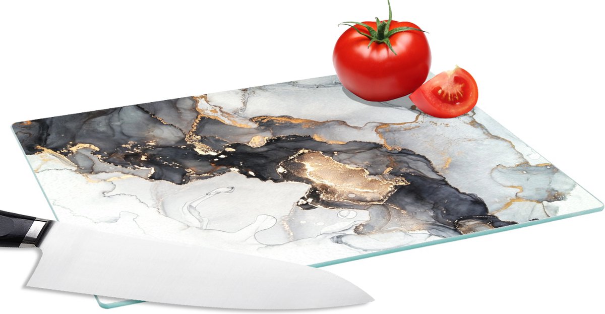 Glazen Snijplank - 28x20 - Marmer - Zwart - Wit - Goud - Luxe - Abstract - Snijplanken Glas