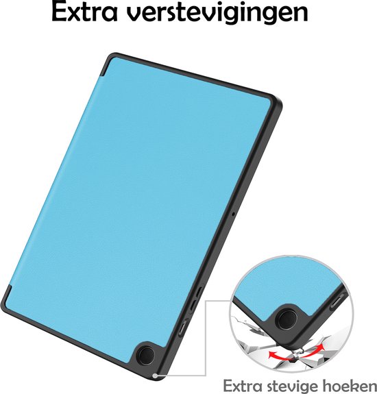 Étui de tablette bleu clair, ouvert, avec des coins renforcés supplémentaires offrant une protection.