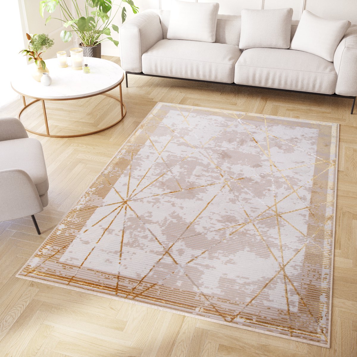 Tapiso Crystal Vloerkleed Beige Laagpolig Lijnen Modern Tapijt Maat- 140x200