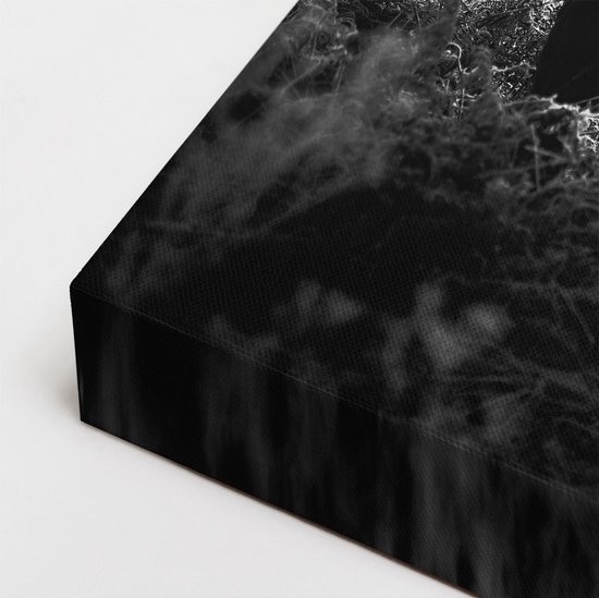 Détail du côté d'une peinture sur toile noir et blanc avec des cerfs.