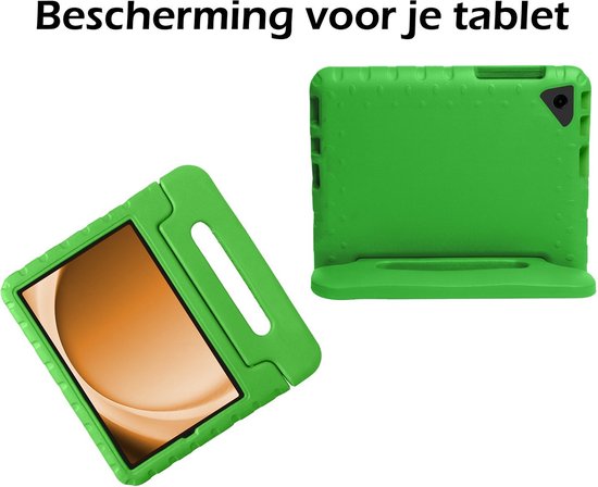 Groen kindvriendelijk tablet hoesje met handvat en ingebouwde standaard.