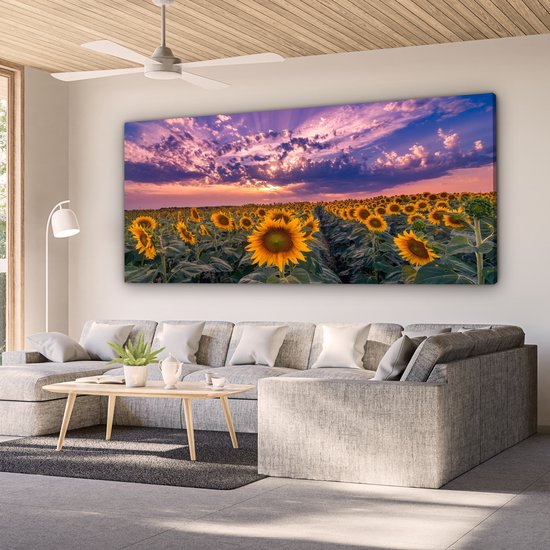 Toile - Peinture fleurs - Tournesol - Soleil - Nuages ​​- Soir - Décoration murale - Photo sur toile - Canvasdoek - 160x80 cm - Salon