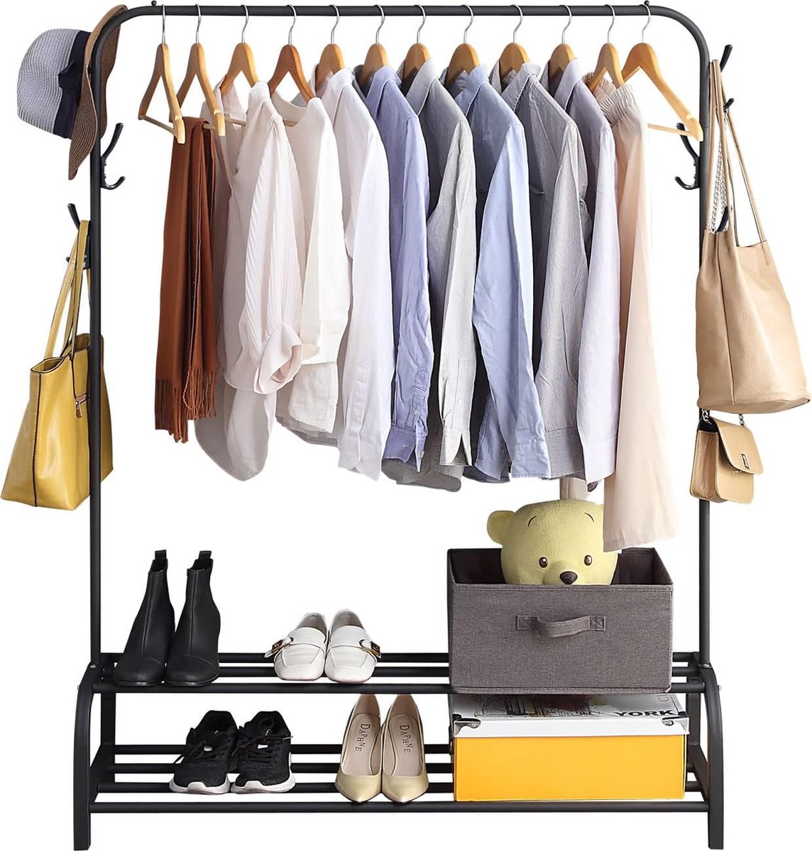 Clothes Rack, Freestanding Coat Rack, Multifunctional Metal Clothes Rail, Storage Shelf and 6 Hooks Hangers, Black