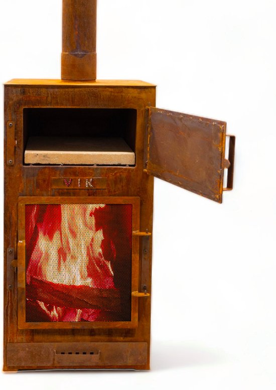 VIK Juno Tuinhaard met Schoorsteen met Pizza oven - 126x35x42cm - Stoken & Koken - Tuinkachel - Sfeerhaard voor buiten - Pizzaoven buiten - Incl. Vonkenscherm - Roestkleur