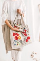 Handgemaakte linnen Opvouwbare tas - met wilde bloemen - rode bloemen - grote voorzak