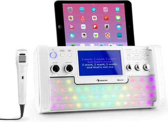 DiscoFever bluetooth karaoke-installatie LED 7" TFT-screen CD USB wit