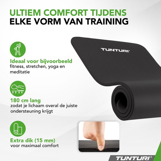 Close-up van dikke, zachte zwarte Tunturi mat. Tekst 'Ultiem comfort tijdens elke vorm van training'.