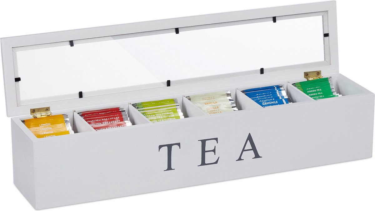 Relaxdays thee organizer, 3-delig, 12 vakken, bamboe, HBD: ca. 36 x 31 x 19 cm, stapelbaar, theedoos verticaal, natuur