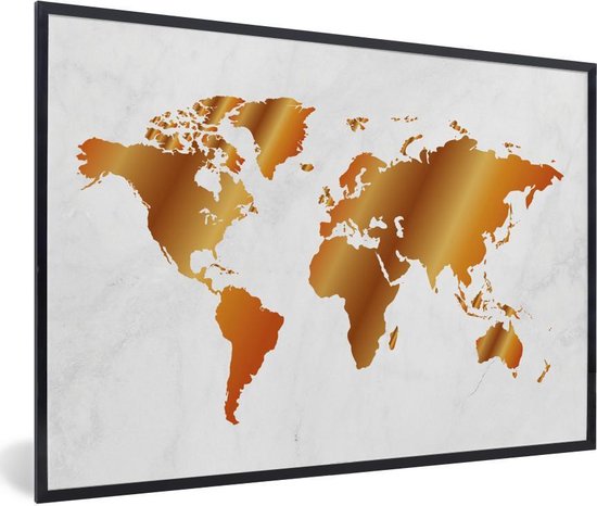 Cadre photo avec affiche - Wereldkaart - Marbre - Or - 90x60 cm - Cadre pour affiche