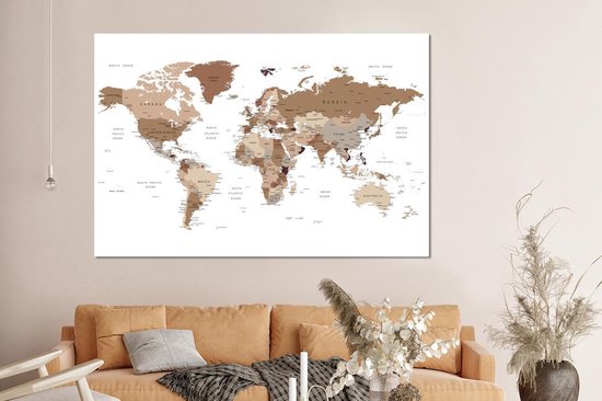 Décoration murale Métal - Peinture Aluminium - Carte du Wereldkaart - Simple - Marron - 150x100 cm