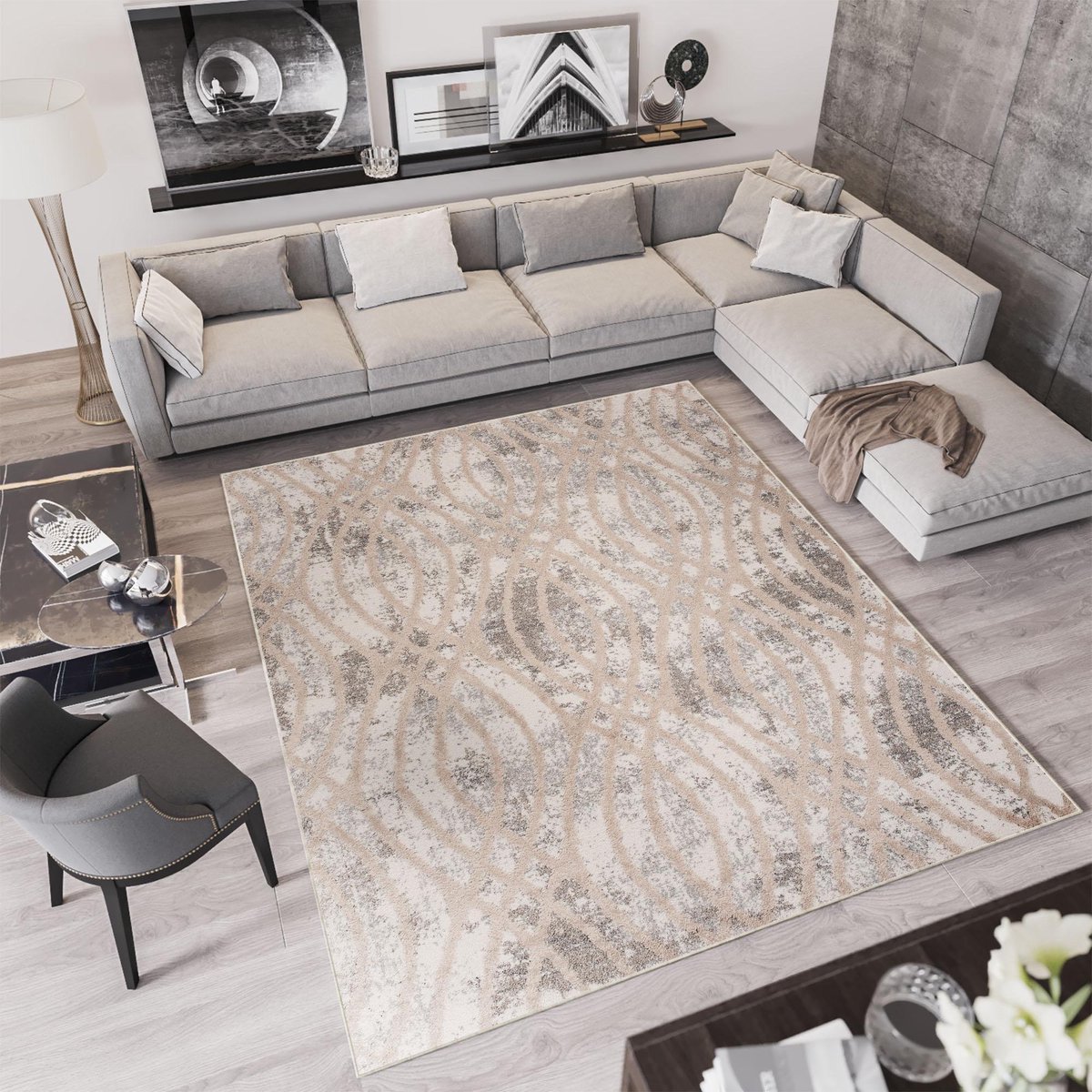 Tapiso Troya Vloerkleed Woonkamer Slaapkamer Beige Bos Hout Patroon Design Eyecatcher Inte
