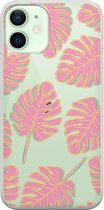 Apple iPhone 12 Mini Telefoonhoesje - Transparant Siliconenhoesje - Flexibel - Met Plantenprint - Gestreepte Blaadjes