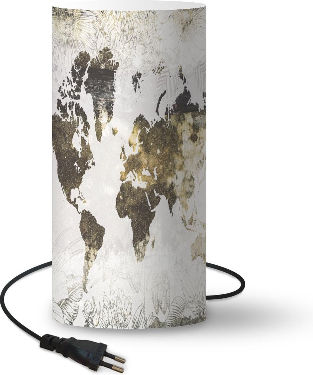 Lamp - Nachtlampje - Tafellamp slaapkamer - Wereldkaart - Bloemen - Goud - 33 cm hoog - Ø15.9 cm - Inclusief LED lamp