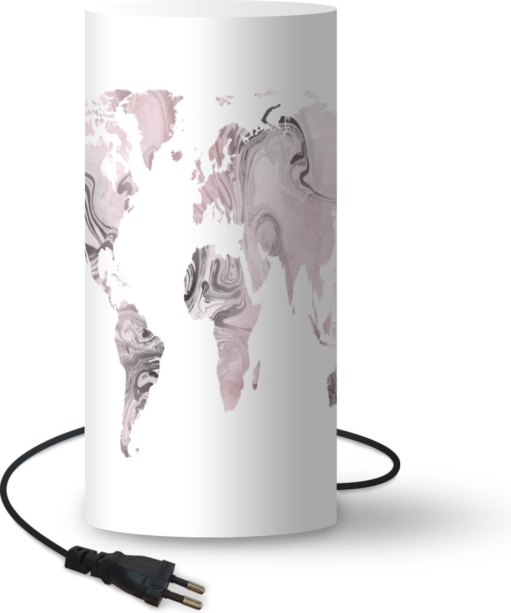 Lamp - Nachtlampje - Tafellamp slaapkamer - Wereldkaart - Wit - Verf - 33 cm hoog - Ø15.9 cm - Inclusief LED lamp