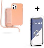 Coverzs Silicone case met koord - Telefoonhoesje met koord - Backcover hoesje met koord - touwtje - geschikt voor Apple iPhone 12 Pro Max - oranje + glazen Screen Protector