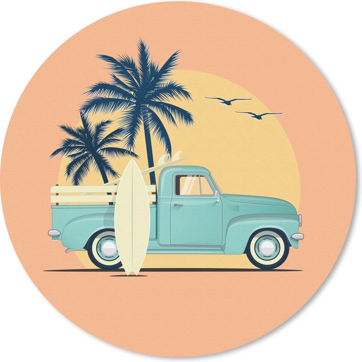 Muismat rond 50x50 cm - Mousepad Auto - Surfboard - Palmboom - Pastel - Ronde muismatten