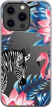 Apple iPhone 13 Pro Telefoonhoesje - Transparant Siliconenhoesje - Flexibel - Met Dierenprint - Zebra & Flamingo