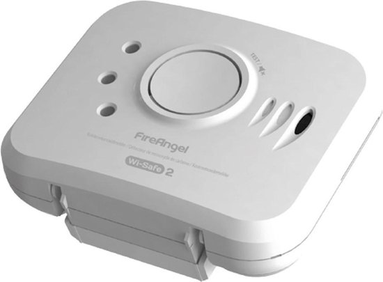Witte FireAngel Wi-Safe 2 koolmonoxidemelder, zijaanzicht, met scharnierende klep aan de onderkant.