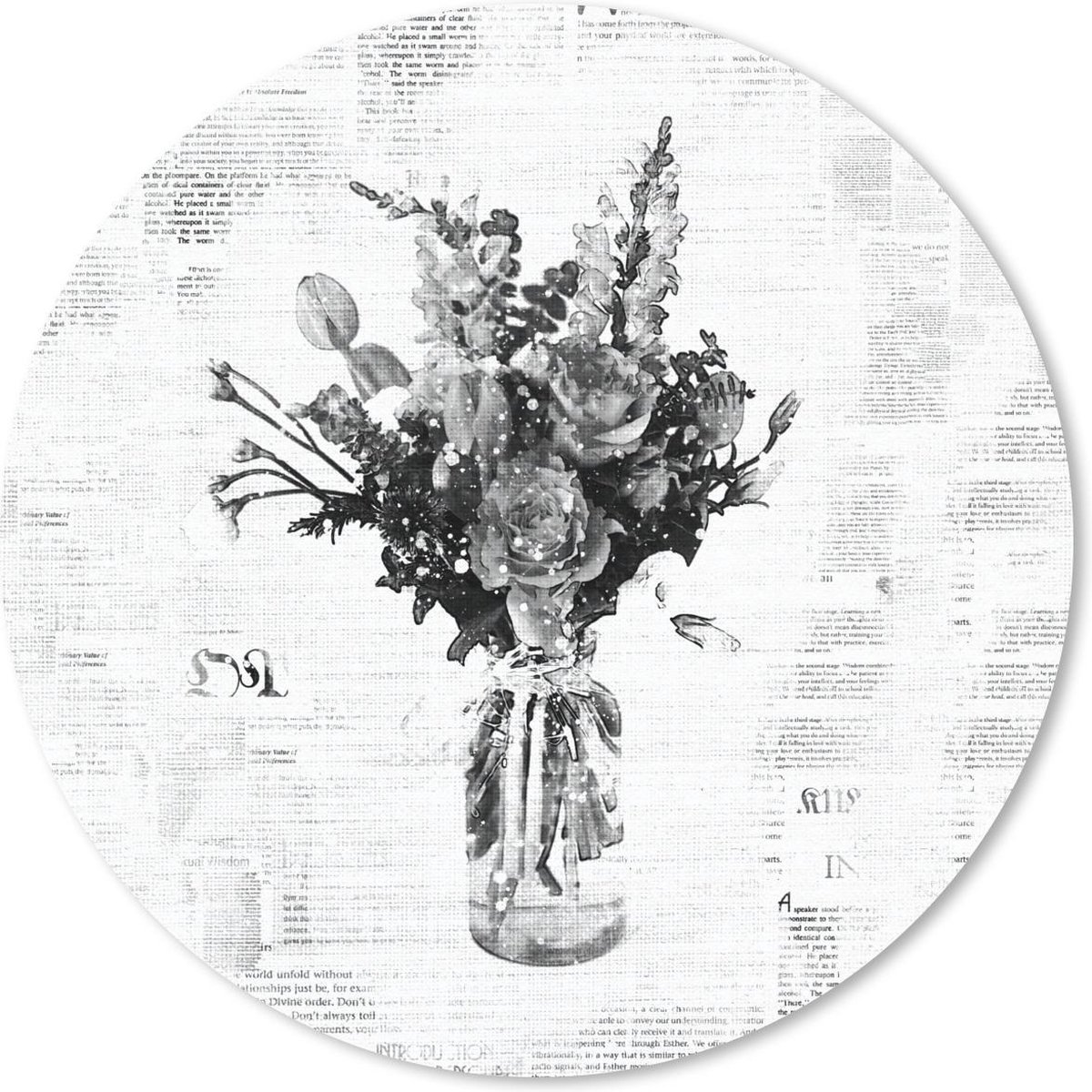 Muismat rond 50x50 cm - Mousepad Vaas - Bloemen - Krant - Zwart - Wit - Ronde muismatten