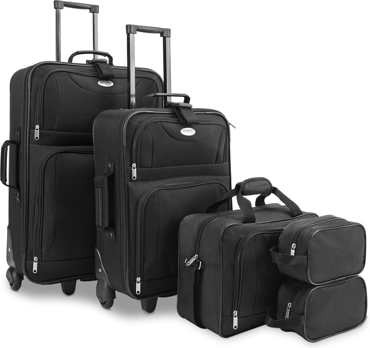 Monzana Kofferset – 5 delig Trolley Schoudertas Toilettas - Zwart