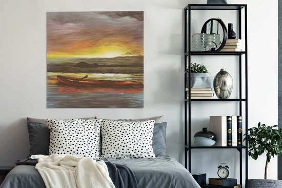 Toile Peinture Bateau - Mer - Soleil - 90x90 cm - Décoration murale