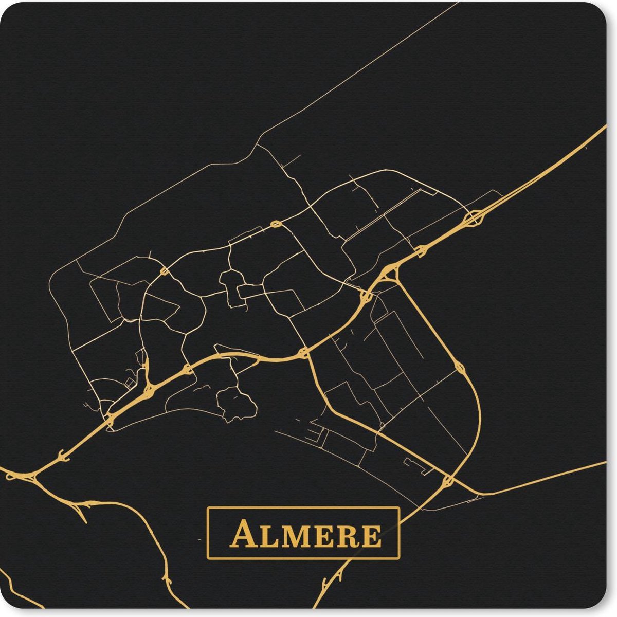 Muismat 20x20 cm - Mousepad Plattegrond - Almere - Goud - Zwart - Muismatten - Stadskaart