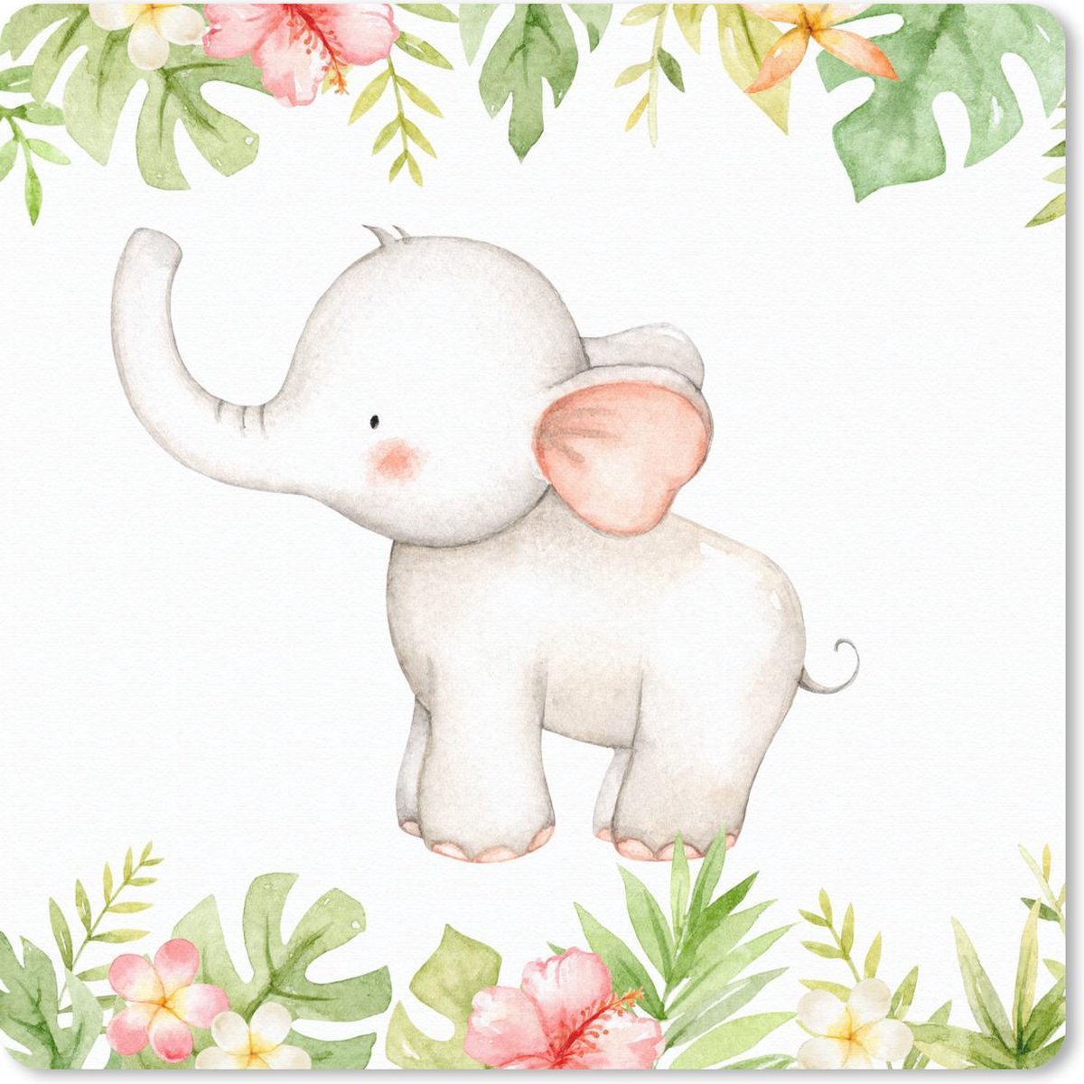 Muismat 20x20 cm - Mousepad Olifant - Aquarelverf - Bloemen - Planten - Muismatten