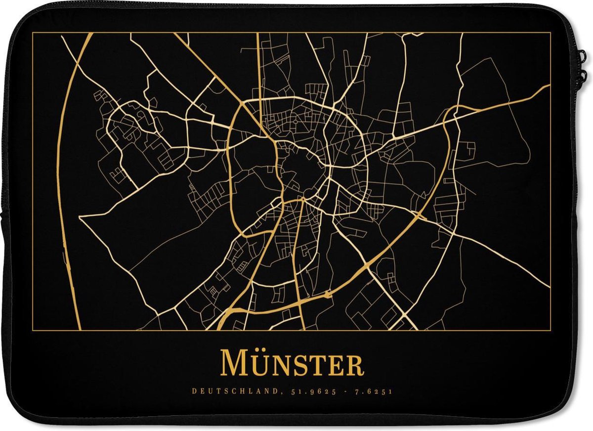 Laptophoes 13 inch - Kaart - Münster - Duitsland - Goud - Zwart - Laptop sleeve - Binnenmaat 32x22,5 cm - Zwarte achterkant