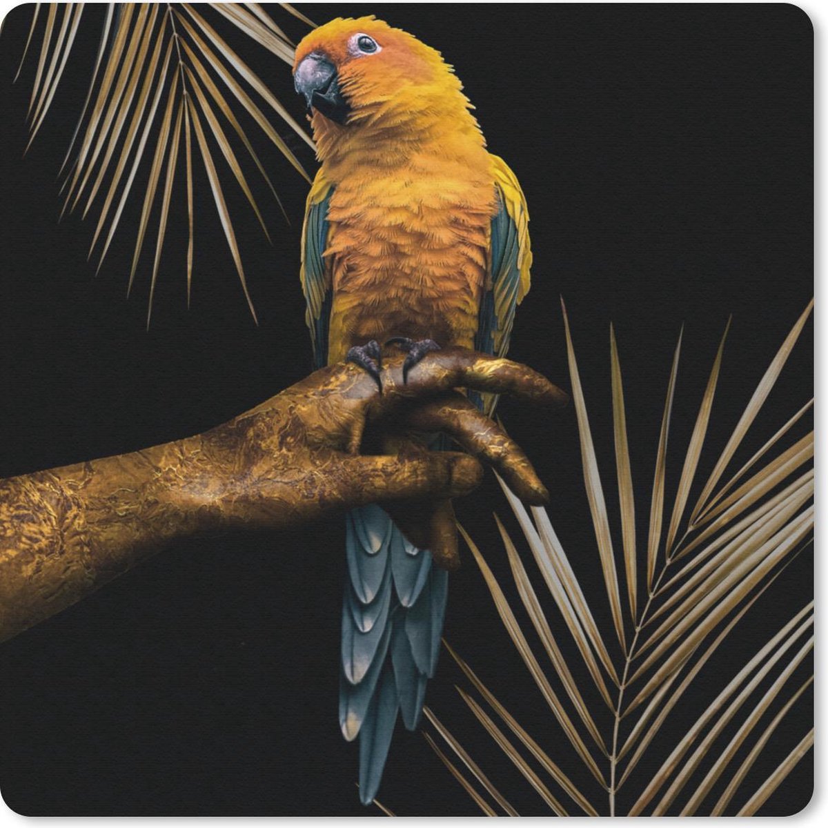 Muismat 20x20 cm - Mousepad Vogel - Papegaai - Hand - Goud - Muismatten