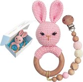 kraamcadeau meisje  - Baby Gift Birth Girl Boy Teething Ring Wooden Toy with Dummy Chain Crochet Grasping Toy Gifts Wooden Toy Rattle Baby Handmade Rabbit (WK 02129)