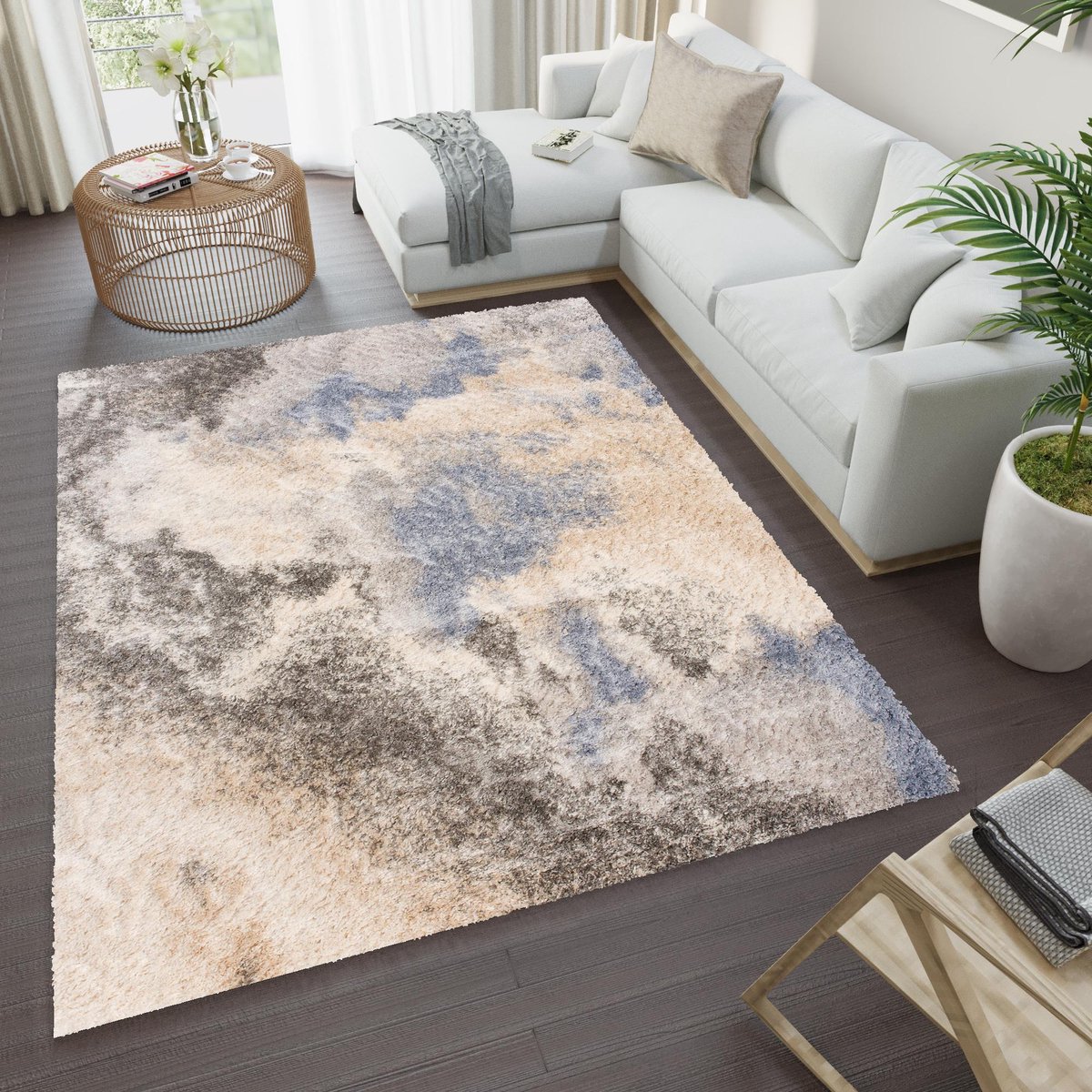 Tapiso Versay Vloerkleed Hoogpolig Slaapkamer Shaggy Tapijten Maat- 80x150 Grijs Beige Blauw2