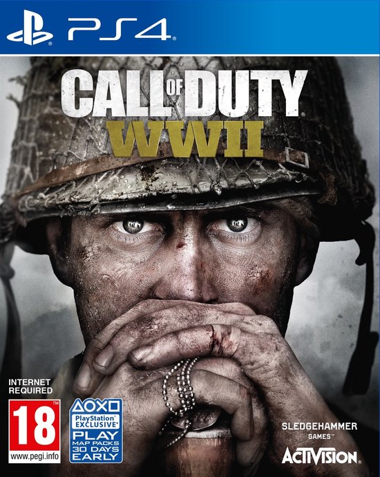 Call of Duty: WWII PS4 cover met close-up van soldaat met helm.