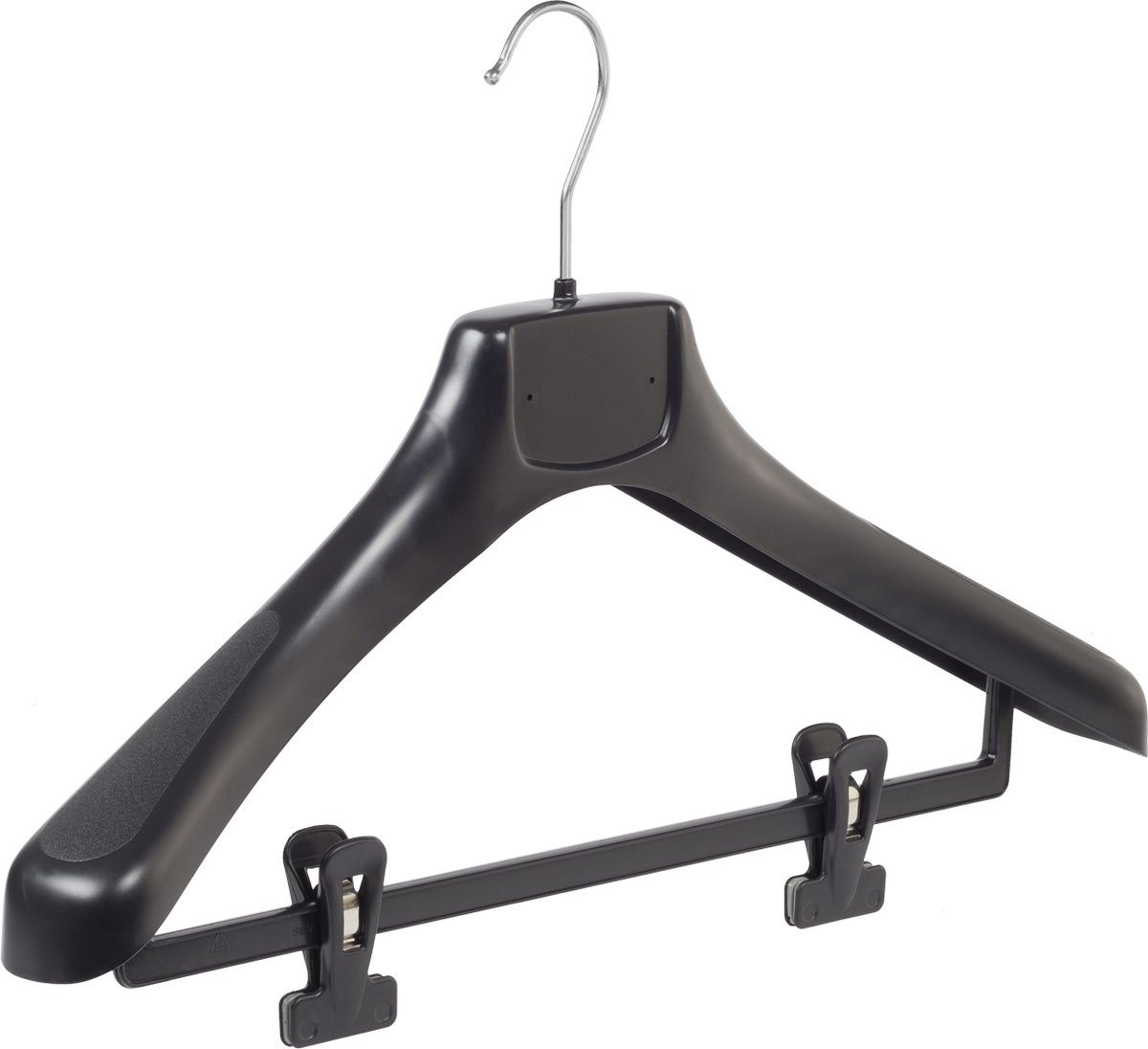 De Kledinghanger Gigant - 10 x Mantel / kostuumhanger kunststof zwart met schouderverbreding en anti-slip knijpers, 45 cm