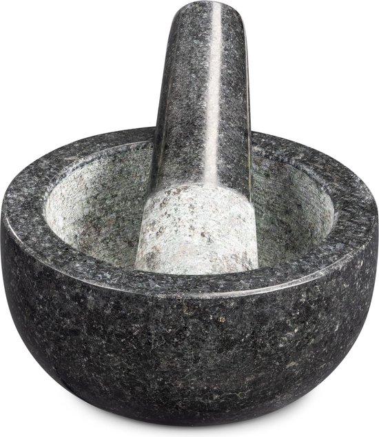 Navaris vijzel met stamper van graniet - Granieten vijzel voor kruidenmixen, pesto en dips - Set inclusief stamper voor fijnmalen - Ø 12 cm
